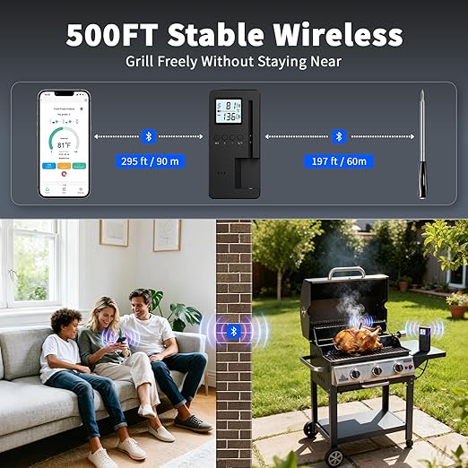Smart Bluetooth Wireless Meat Thermometer, Standalone Display Base, Digital Meat Thermometer with App Control, 500FT Wireless Range for BBQ, Grill, Oven, Smoker, Air Fryer Needs