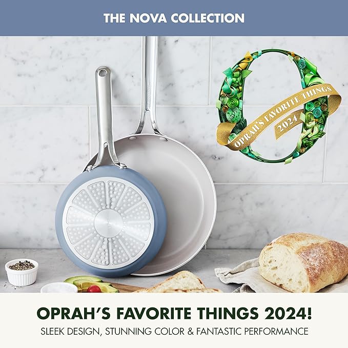 GreenPan Nova 8” & 10” 2 Piece Frying Pan Skillet Set, Oprah’s Favorite Things 2024, Induction Suitable PFAS-Free Nontoxic Ceramic Nonstick, Dishwasher & Oven Safe, Quick Even Heating, Ocean Blue