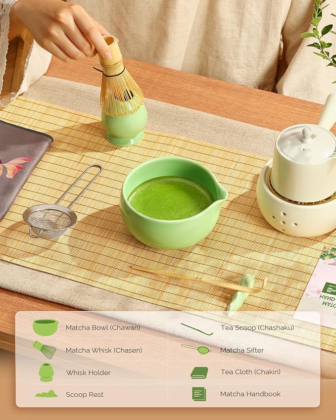 Maestri House Matcha Whisk Set, 7 Pcs Complete Matcha Kit with Spouted Ceramic Bowl, Bamboo Whisk & Holder, Scoop & Sifter, Tea Cloth – Ideal Gift for Matcha Lovers(Green)
