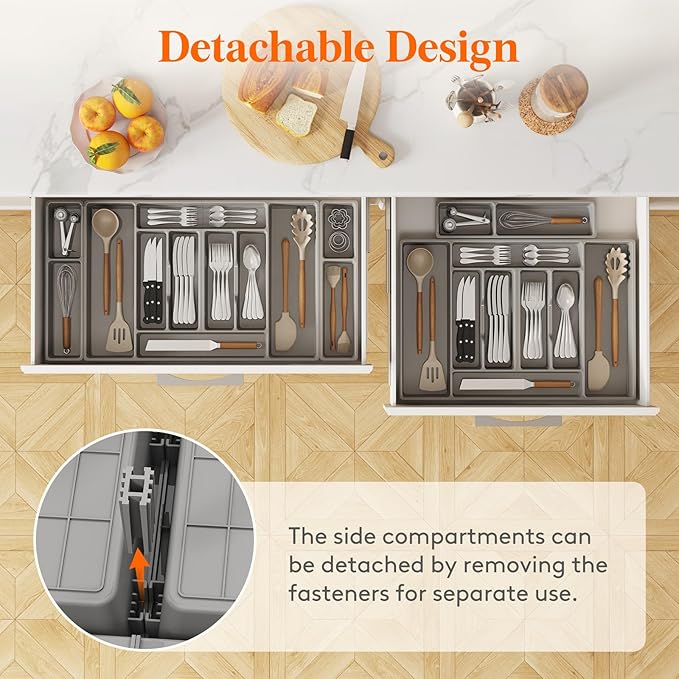 Lifewit Silverware Organizer, Plastic Kitchen Utensil Drawer Tray, Cutlery Flatware Storage Holder for Spoons Forks Knives, 28 x 16 Inches, 10 Compartment, Gray