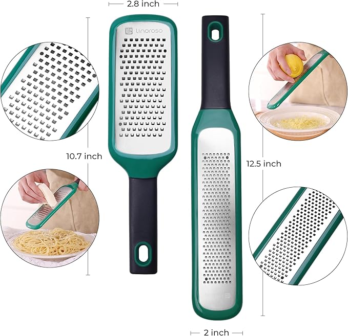 linoroso Lemon Zester & Cheese Grater Set of 2 - Kitchen Handheld Grater Tool for Cheese, Garlic, Ginger, Nutmeg, Chocolate, Fruits - Razor Sharp Stainless Steel Blade with Protective Cover