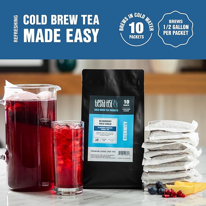 Tiesta Tea - Blueberry Wild Child Cold Brew, Loose Leaf, Blueberry Hibiscus Herbal Tea, Non-Caffeinated Iced Blend, Cold Brew Packets, Makes 64oz Pitcher Per Bag (Pack of 10)