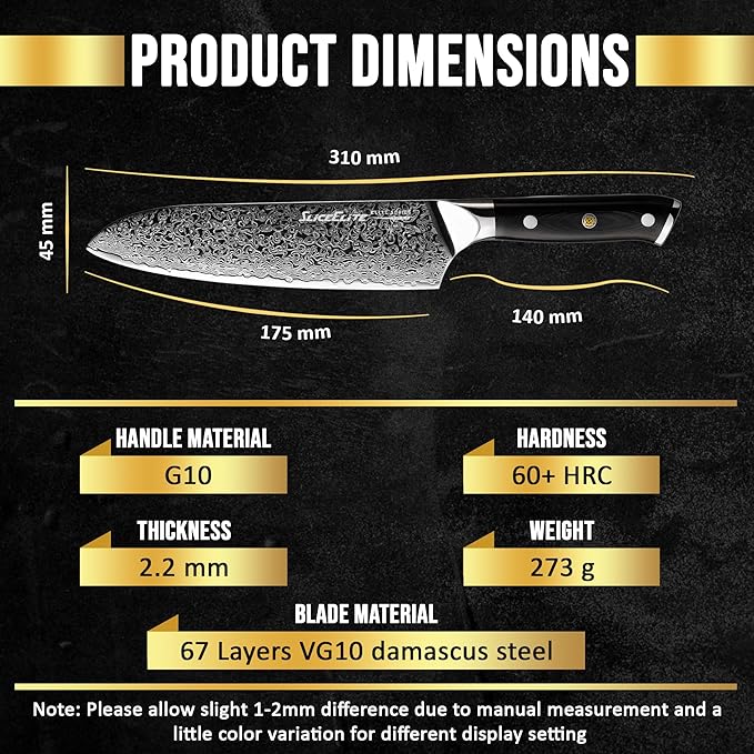 SliceElite Elite Series 7 Inch Santoku Knife VG10 Damascus Steel G10 Handle Dual Protection Cutting Kitchen Tool Sharp Vegetable Meat Chopping BBQ Chef Slicing Cleaver Cooking Camping Butcher Gift