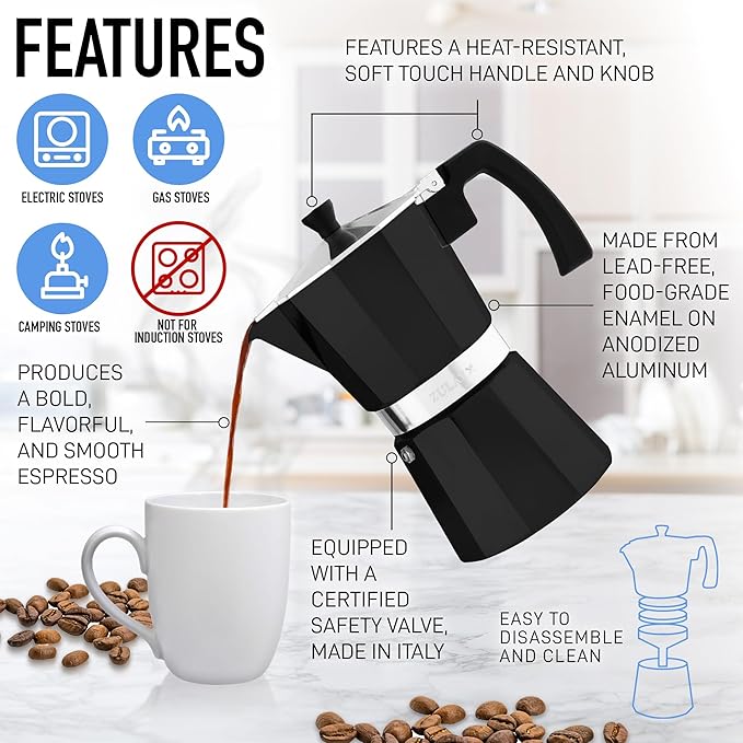 Zulay Moka Pot Espresso Stovetop Coffee Maker - Leak-Proof, Stainless Steel, Easy to Clean, Heat Resistant Handle & Knob - for Authentic Cuban & Italian Style Espresso - Makes 9 Espresso Cups - Black