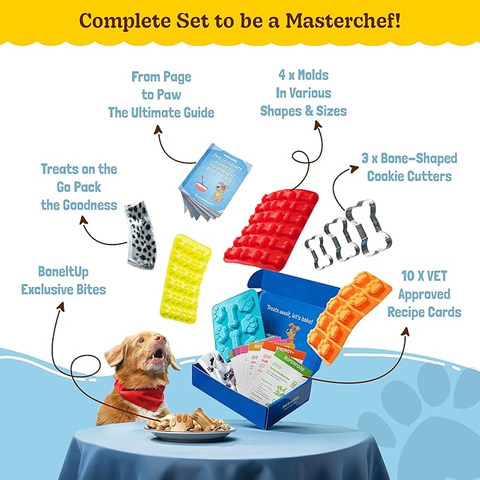 BoneItUp Dog Treat Making Kit – All-in-One DIY Cookie Set with Reusable 4 Silicone Dog Treat Molds, 3 Cutters, 10 Recipes & Gift Bags – Make Healthy Homemade Treats for Dogs