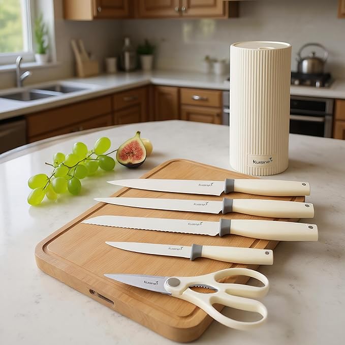 KUISINE Sharp Chef Knife Set Upgraded,High Carbon Stainless Steel Ergonomic Handle Knife Set with 3-hole Bottom Block,Easy to Drain and Clean(Ivory Silver Pro,6PCS)