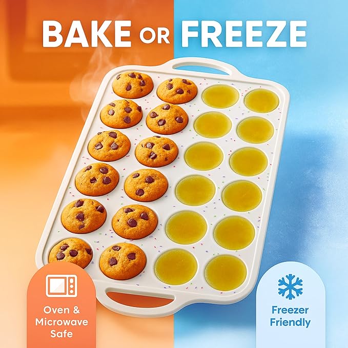 2-Pack Silicone Muffin Pan Set – Regular 12-Cup & Mini 24-Cup Nonstick Cupcake Pans – Metal-Reinforced Handles, BPA-Free, Non-Toxic, Dishwasher Safe, Cream Color Bakeware