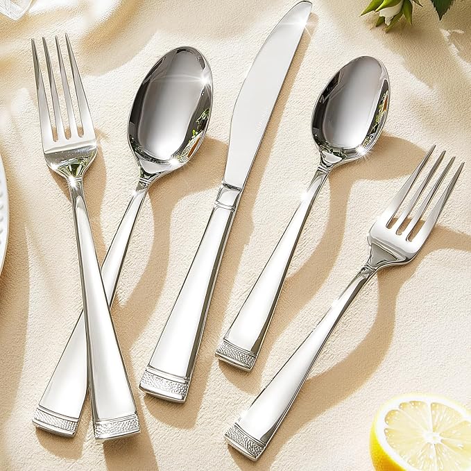 KINGSTONE Silverware Set, 40-Piece Flatware Set for 8, 18/10 Stainless Steel Cutlery Set with Bead Edge, Utensil for Kitchen, Home, Party, Wedding, Mirror Polished, Dishwasher Safe, Featured Gifts
