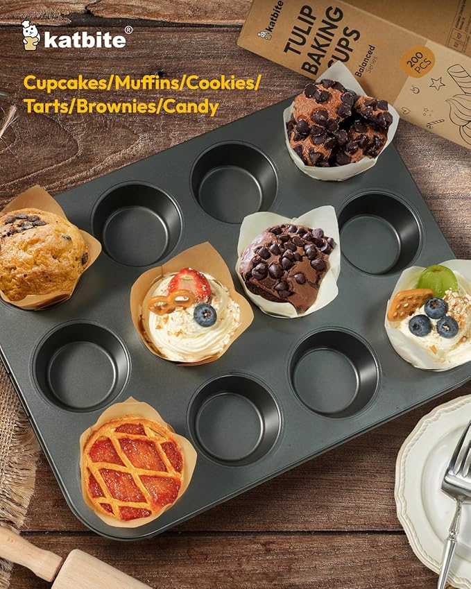 Katbite Tulip Cupcake Liners 200PCS, Muffin Baking Cups ProSmooth Brown