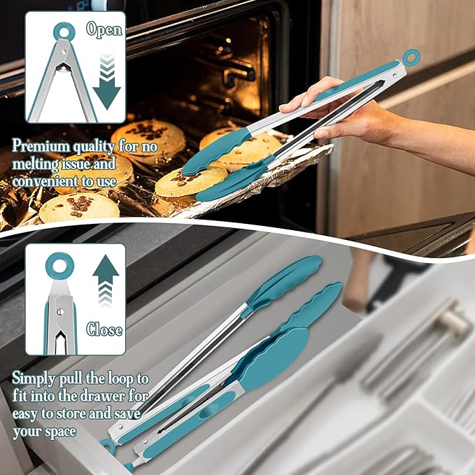 TeamFar Kitchen Tongs, 9" and 12" Stainless Steel Cooking Tongs with Silicone Tips for Cooking Grilling Serving & BBQ, Heat Resistant Silicone Tongs, Locking Design & Dishwasher Safe, Set of 2 & Blue