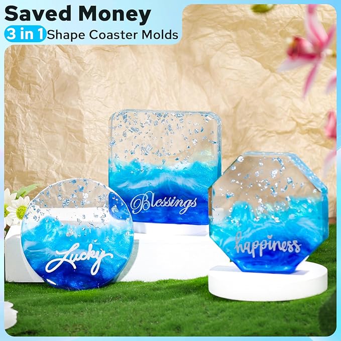 LET'S RESIN Extra Deep Coaster Resin Molds, 6 Cavity Round/Square/Octagon Shape Silicone Molds for Epoxy Resin, Flower Preservation, DIY Art Craft Cup Mats