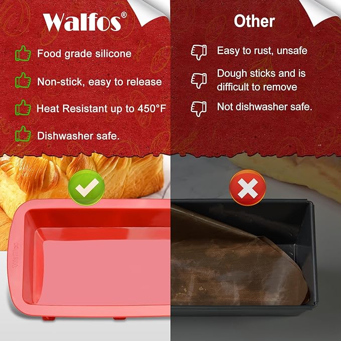 Walfos Silicone Bread Loaf Pan, 9 x 5 inch Non-Stick Silicone Loaf Pans For Baking Set of 2, Perfect For Bread, Cake, Meatloaf, Dishwasher Safe