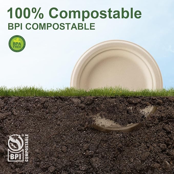 WELLIFE 7 Inch Paper Plates, 125-Pack Small Dessert Paper Plates Bulk, 100% Compostable Biodegradable Bagasse, Eco-Friendly Disposable Plate for Dessert,BBQ,Picnic,Party (BPI Certified,Microwaveable)