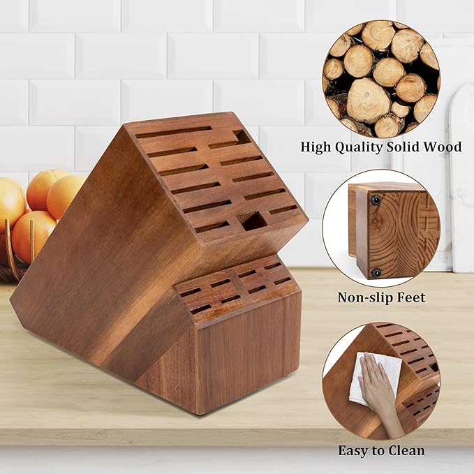 20 Slot Knife Block Storage without Knives,Acacia Wood Universal Knife Holder for Kitchen Countertop,Large Butcher Block Organizer,Easy Kitchen Knife Storage (Brown)