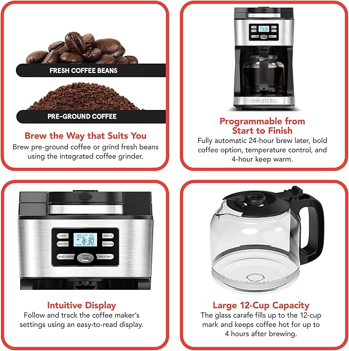 Gourmia Digital Coffee Machine 12Cup FullyAutomatic Large coffee maker integrated CoffeeGrinder,Pot,stainless steel mesh coffee filter 4Hr KeepWarm and Freshness Indicator GCM3180,Black and Silver