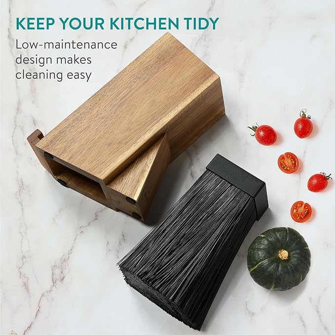 Navaris Wooden Kitchen Knife Block with Holder - Holds a Chopping Board, Phone or Tablet - Acacia Angled Design, 12.5 x 18.7 x 26.2 cm (4.9" x 7.4" x 10.3")