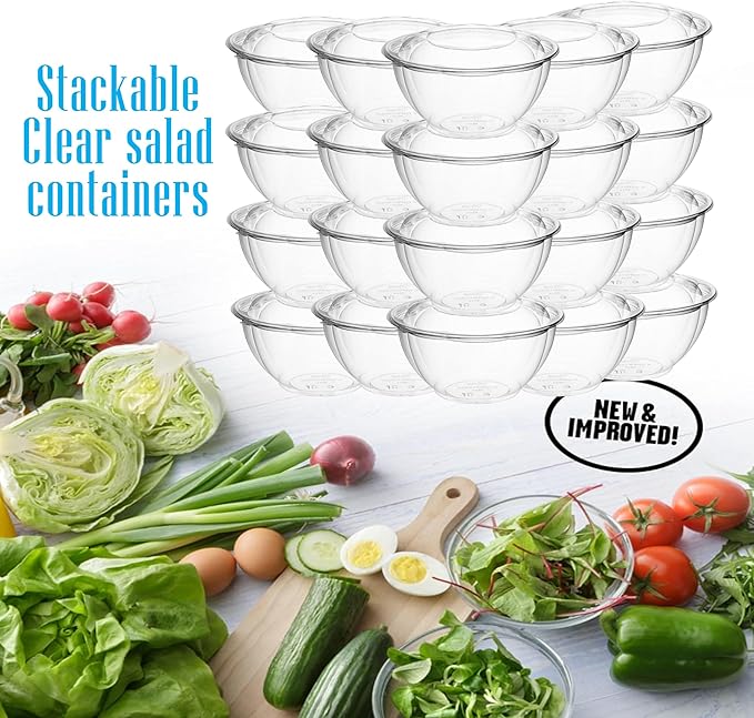 Mr Miracle Clear 32 Ounce Plastic Salad Bowls with Snap-On Lids. Pack 50. Airtight Disposable Salad Containers for Lunch, Meal Prep, Parties. Ideal as Disposable Salad Bowls with Lids