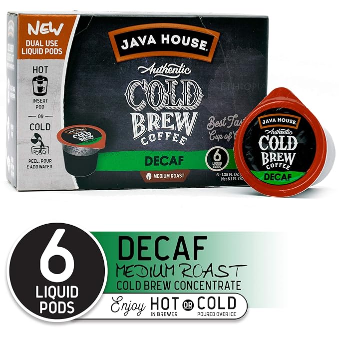 Java House Single-Serve Cold Brew Coffee Pods – Premium 100% Arabica Liquid Concentrate – Smooth & Bold Decaf Roast – 6 Pods – Ready Hot or Iced, Travel-Friendly, TSA Approved