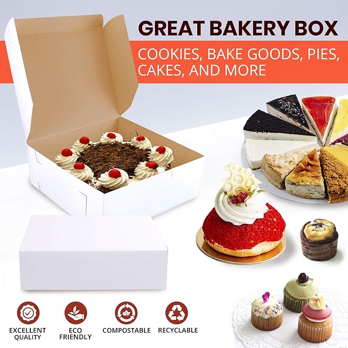 Fit Meal Prep Bakery Boxes - 250 Pack, 8 x 8 x 3 Inches, Kraft Lining, Pastry, Pie, Cookie, Dessert Boxes for Cupcakes, Chocolates, Donuts, Macarons