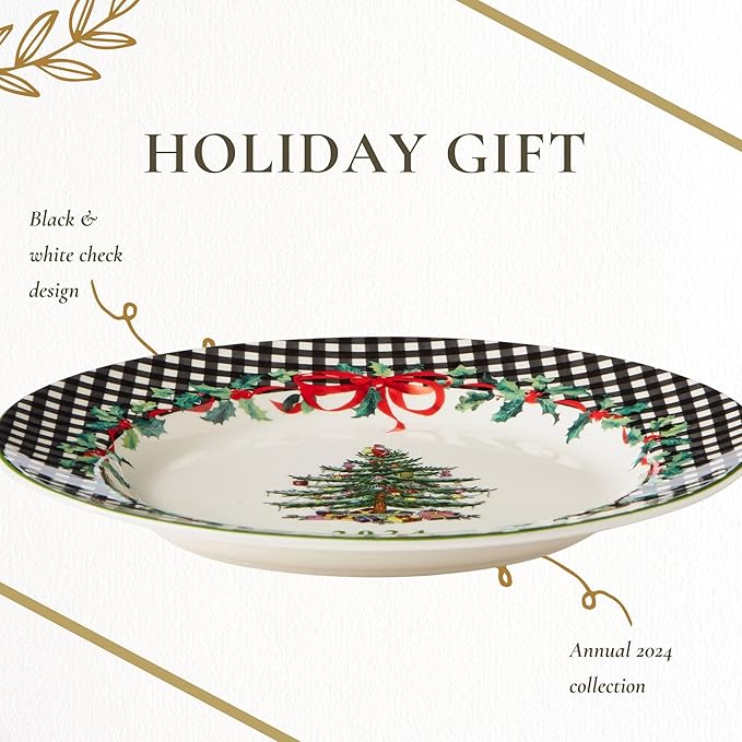 Spode Christmas Tree 2024 Annual Collector Plate - Exclusive Border with Red Ribbon & Black Check, Seasonal Display or Holiday Tableware Use, 8" Porcelain - Great Holiday Gift