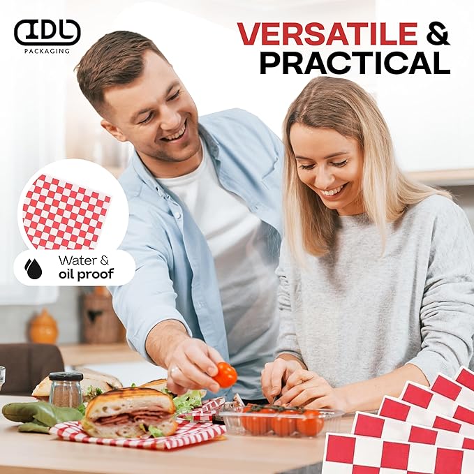 Red Checkered Deli Paper Sheets, 12" x 12" (500 pcs) - USA-Made Premium Food Basket Liners - PFAS-free Grease Resistant Deli Paper Sheets for Food, Snack & Baking Wrap, Picnic & Party by IDL Packaging