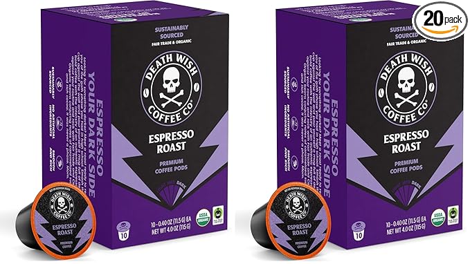 Death Wish Coffee, Espresso Roast Single Serve Coffee Pods - Fair Trade and Organic (10 Count) (Pack of 2)