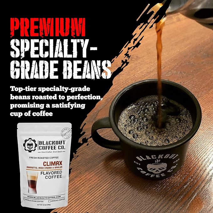 Blackout Coffee Climax Amaretto, Irish Cream & Kahlua Flavored Ground Coffee – Medium Roast, Smooth Taste, Guilt-Free Indulgence – Freshly Roasted 12oz Bag, American Made