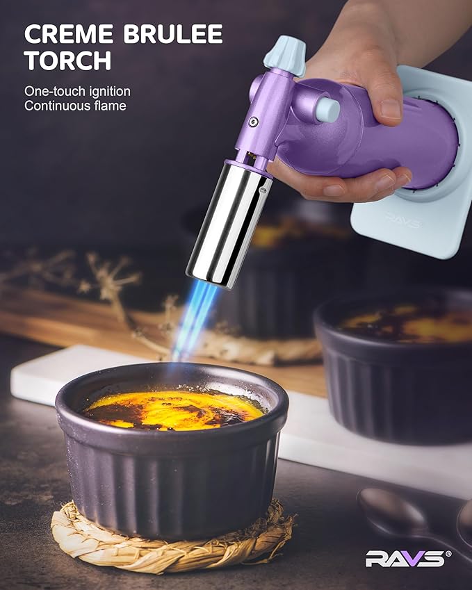 RAVS Dual Flame Butane Torch Lighter with 20G Large Capacity, Adjustable Flame, Refillable Kitchen Torch for Creme Brulee, BBQ, Baking, Purple Cooking Torch Gifts for Women Unique, Butane Not Included