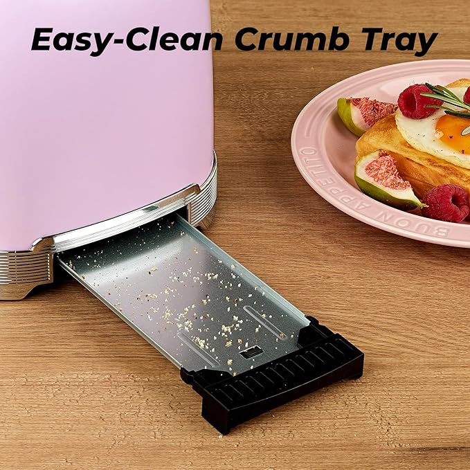 Toaster 2 Slice Retro Stainless Steel with 1.5” Extra Wide Slots Bagel, Defrost, Reheat, Cancel Functions, 6 Bread Shade Settings, Removable Crumb Tray, Purplish Pink