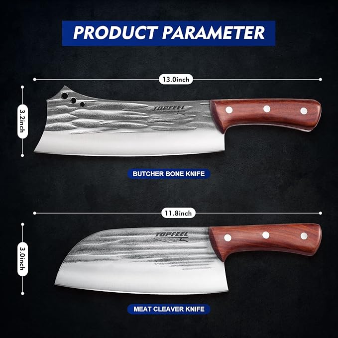 2PCS Meat Cleaver & Heavy Duty Bone Chopper Knife Set, Hand Forged German High Carbon Stainless Steel Butcher Knife for Home Kitchen & Outdoor