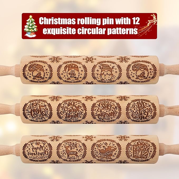 17" Premium Wooden Rolling Pins for Baking with Gnome Embossed Designs | 3mm Deep Springerle Cookie Molds | Christmas Rolling Pin & Baking Gifts for Women | Includes 3-in-1 Cleaning Brush