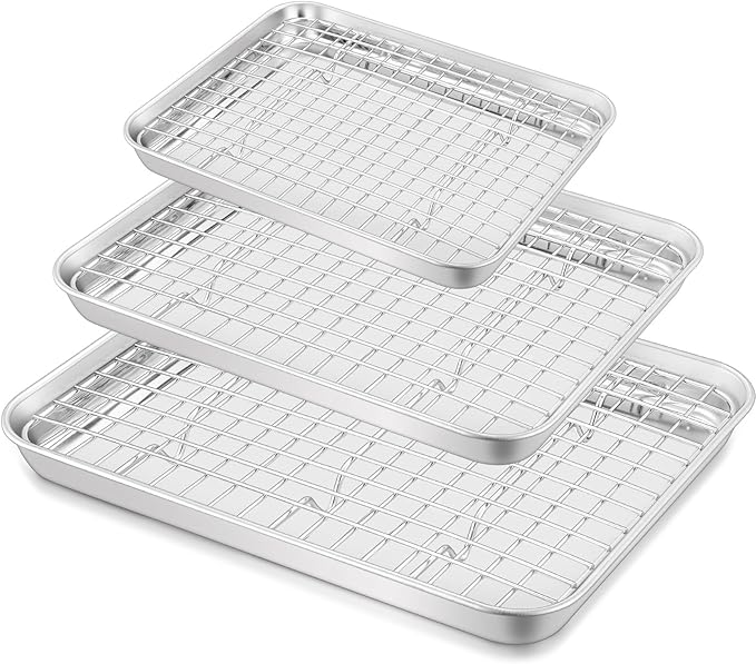 TeamFar Stainless Steel Baking Sheet with Rack Set, 16/12.5/9 Inch Cookie Sheets Baking Pans and Cooling Racks for Cooking Serving, Non-Toxic & Heavy Duty, Dishwasher Safe, 6 PCS (3 Pans + 3 Racks)