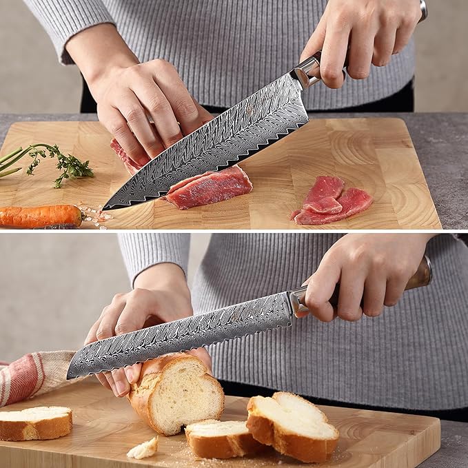 Wakoli Damascus Chef Knife Set with Magnetic Block – 5-Piece Professional Kitchen Knife Collection | Genuine 67-Layer Damascus Steel Blades with VG10 Core | Ergonomic Sycamore Wood Handles