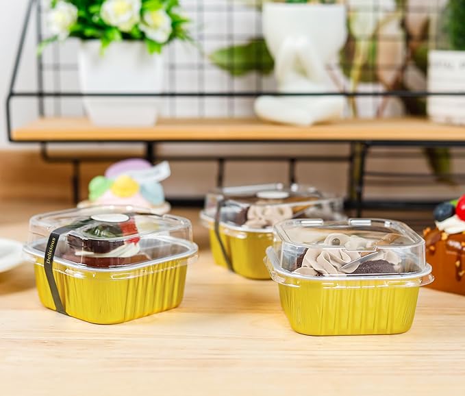 50 Pack Mini Cake Pans with Lids and Spoons Aluminum Foil Pans Square Cake Tins for Bakery Party Wedding (Gold,5 oz)