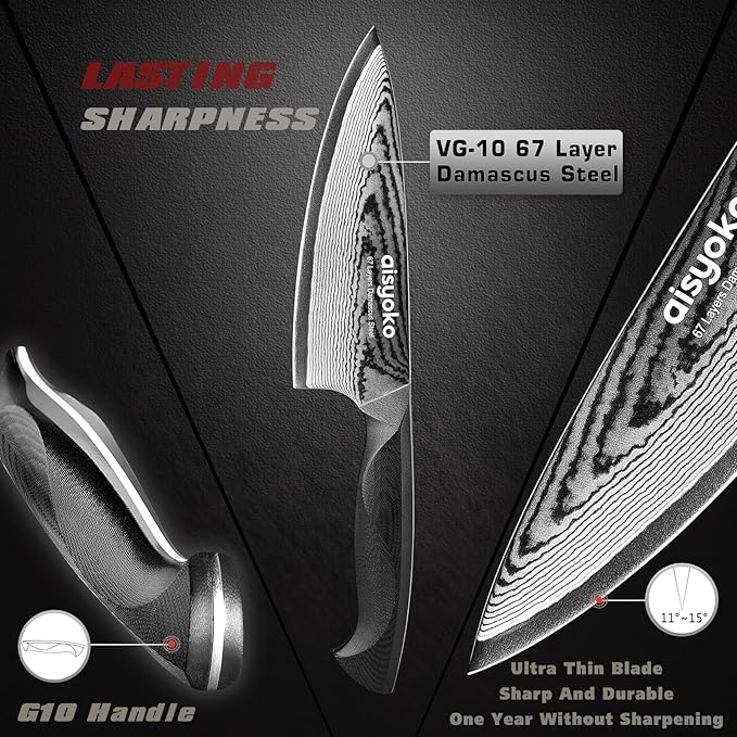 Damascus 6.5" Chef Knife Sharp Kitchen Knife Japan VG-10 Stainless Steel Carbon Ultra Sharp Kitchen Cooking Knife, Ergonomic G10 Handle Deluxe Gift Box