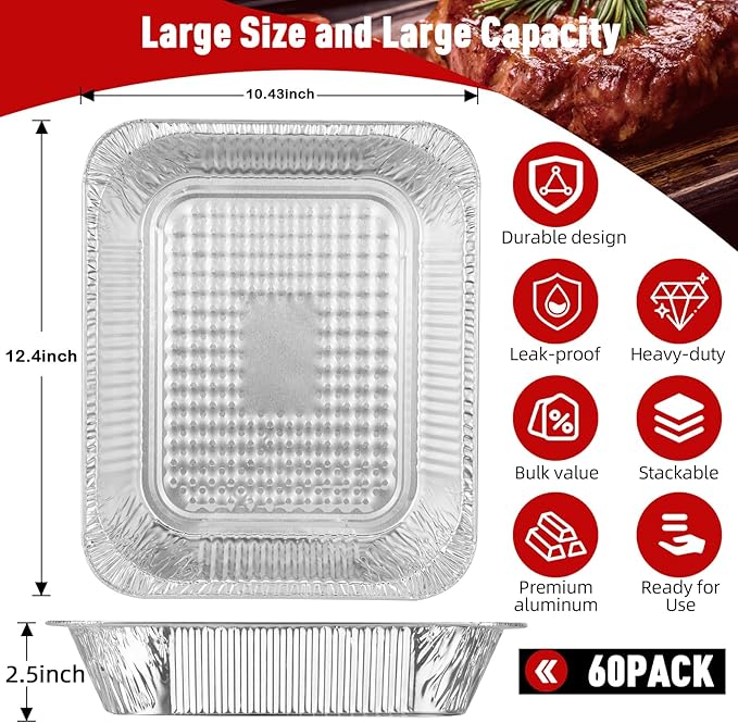 Aluminum Pans Half Size, 9x13, Heavy Duty Disposable Foil Pans for Baking, Roasting, Cooking, Heating, Storing, Deep Tin Foil Bakeware for Oven, Steam Table Tray, Cookware, Food Prepping (60 Pack)
