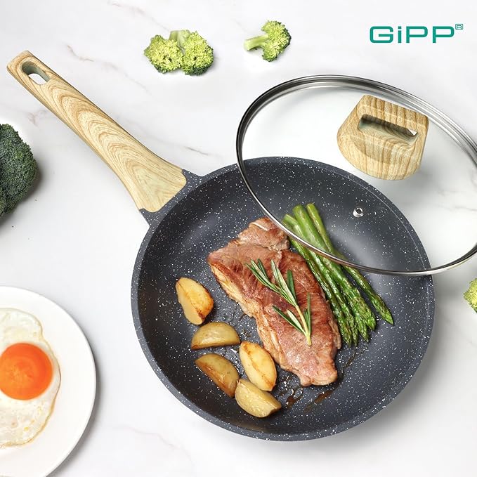 GiPP Nonstick Frying Pan Skillet with Lid - 8" Grey Granite Non Stick Pans, Omelette Pan with Heat-Resistant Handle, Compatible with All Stovetops, PFOA Free