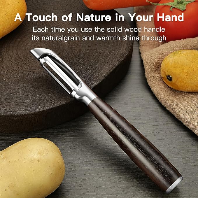 JUSEEPO Premium Vegetable Peeler, I Type Swivel 304 Stainless Steel Blade Comfortable Solid Wood Handle, Practical Gift for Restaurant Baking Chef Woman for Veggie, Fruit, Potato(Charred Wood)
