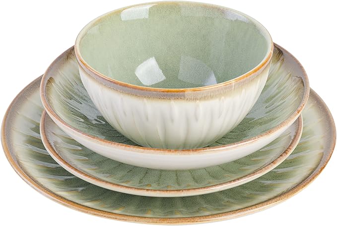Gibson Elite Mayfair Bay 16-Piece Embossed Double Bowl Dinnerware Set, Service for 4 – Green Stoneware Plates and Bowls