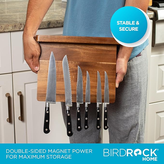 BIRDROCK HOME Wooden Magnetic Knife Block | Acacia Wood Knife Storage | Double-Sided Strong Magnetic Knife Holder | Knife Organizer for Kitchen & Space-Saving Design | No Knives Included | 12.8"Lx10"H