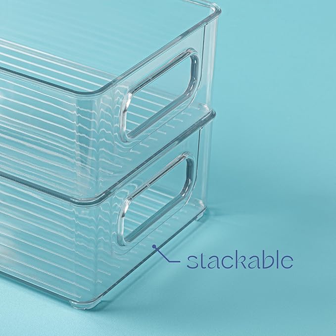 Plastic Food Storage 6 Pack Clear Container Bin with Handles for Organizing Kitchen, Pantry, Refrigerator, Freezer, Pantry, Cabinet, Closet, Bathroom. Stackable 10”x6”x3”