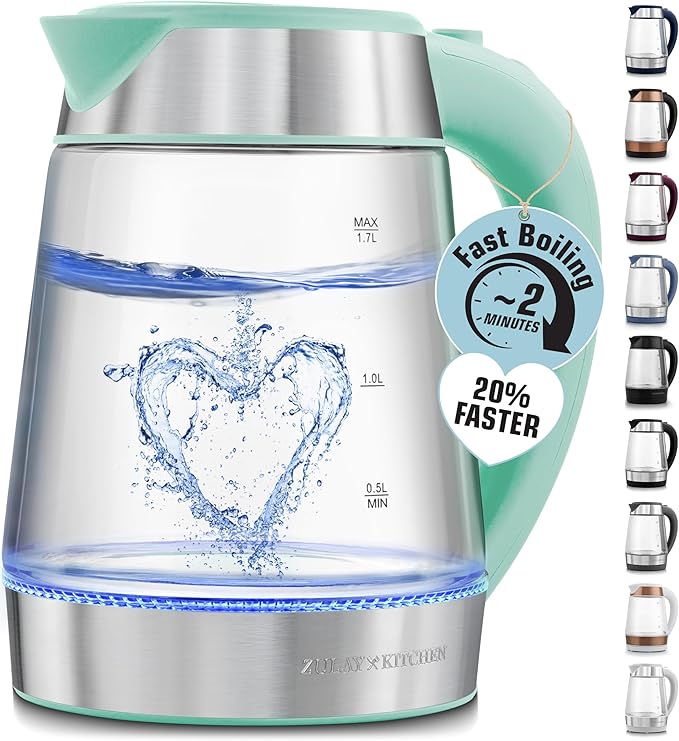 Zulay Kitchen Fast Boiling Electric Water Kettle - 1.7L, 1500W, Auto Shut-Off for Overboil & Boil Dry Protection, Cool-Touch Handle, 360° Base - Rapid Teapot Boiler For Coffee & Tea - Mint