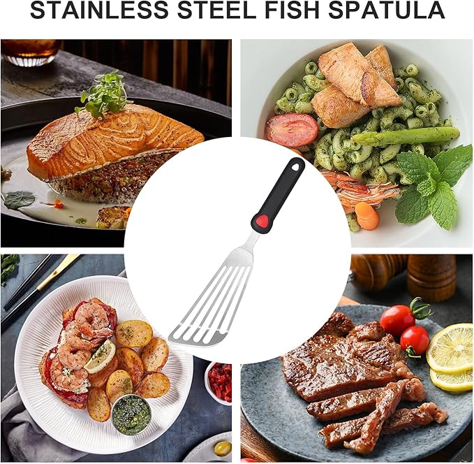 KSENDALO 13.15" Fish Spatula Stainless Steel with Silicone Handle, Flexible Slotted Egg Spatula with Thin Blade for Easier Cooking Flipping Frying Grilling Egg Fish Meat or more