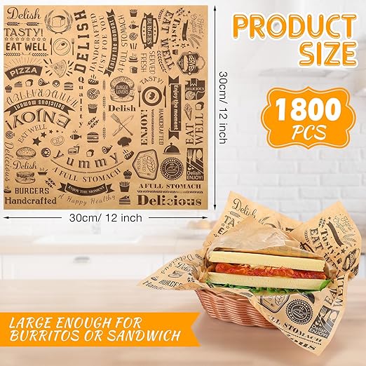 1800 Pcs 12 x 12 Inch Deli Wax Paper Sheets Grease Resistant Tray Basket Liners Newsprint Paper Water and Grease Proof Sandwich Wrapping Square Hot Dog Wrappers for Food Baking (Brown)
