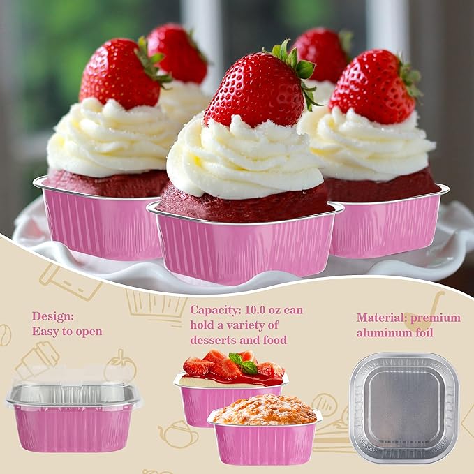 Mini Square Cake Pans with Lids，BAKINGPAK 30PCS 10OZ Mini Cake Pans with Lids Individual Cupcake Containers Mini Disposable Cake Pans with Lids Mini Aluminum Pans with Lids for Baking Party, Pink