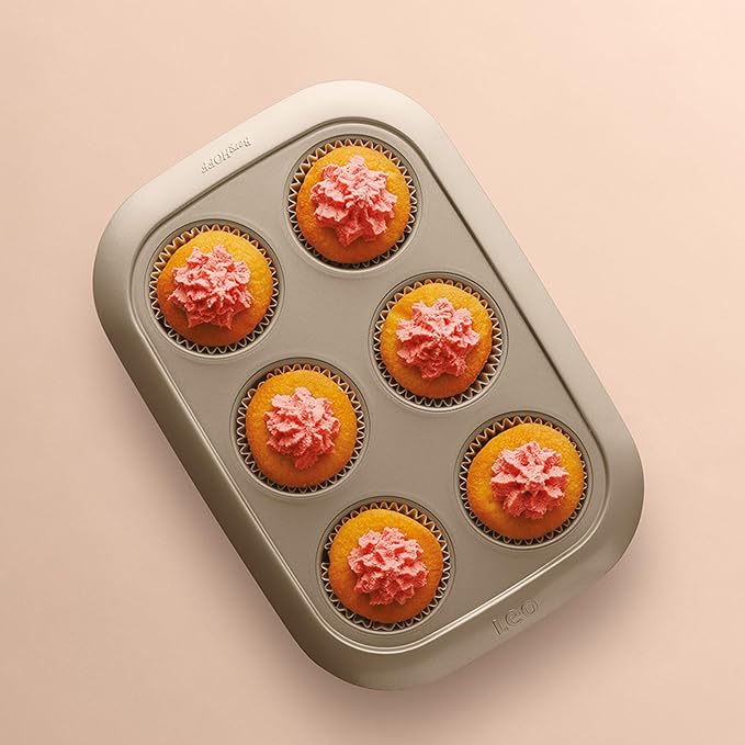 Berghoff Balance Nonstick 6 cup Cupcake/Muffin Baking Pan 2.5" x 1", Lightweight Carbon Steel, Ferno-Green, Non-toxic Coating Bakeware, Easy Food Release, Oven Safe Up To 450°F