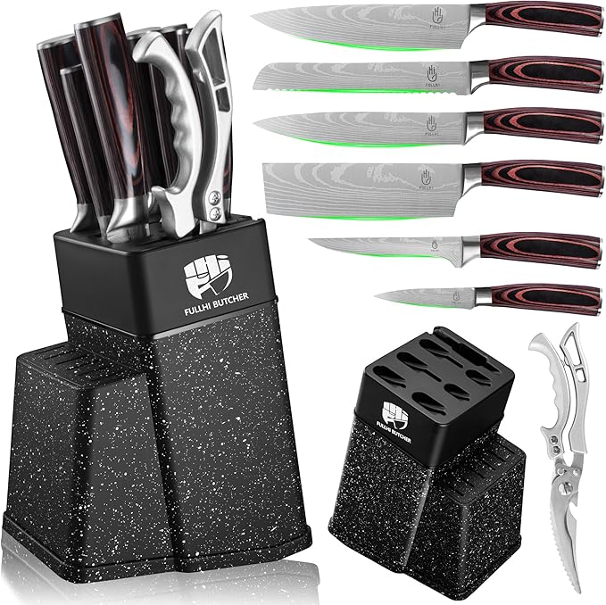 FULLHI 8pcs block Knife Set,chef's Knves Set with Block and Sharpener, Kitchen Knife Set,Multi-colour Handle, Gifts for Men Women