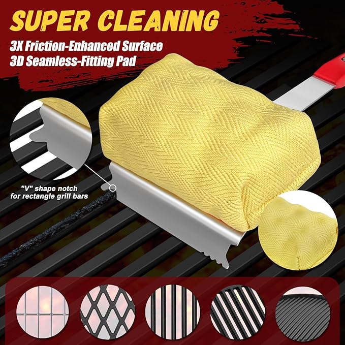 Steam Safe Grill Cleaning Brush Bristle Free for Outdoor Grill with 15" Extended Handle, 3X Thick Aramid Fabric Replaceable Brush Heads, Heavy Duty Triple-Groove Scraper Design for All Grates, Red