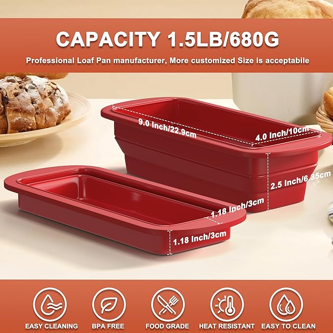 Silicone Bread Loaf Pan With Foldable Function and Metal Reinforced Frame,Rectangular Non-Stick Baking Mold Pans for Oven, Bread, Cake, Easy Release(9"x4"x2.5", Red, 1 Piece)