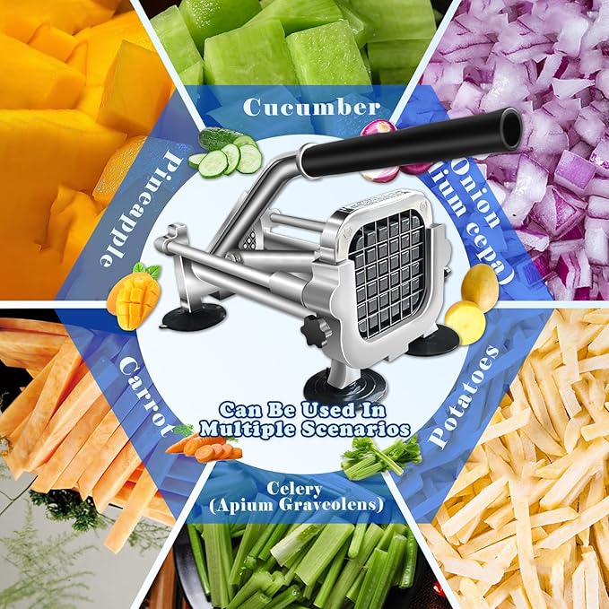 1/4 In Blade French Fry Cutter, Efortless Commercial Vegetable Chopper, Anti-slip Potato Cutter, Heavy Duty Potato Slicer, Stainless Steel Easy Clean Manual Cutter for Tomatoes Peppers Mushrooms